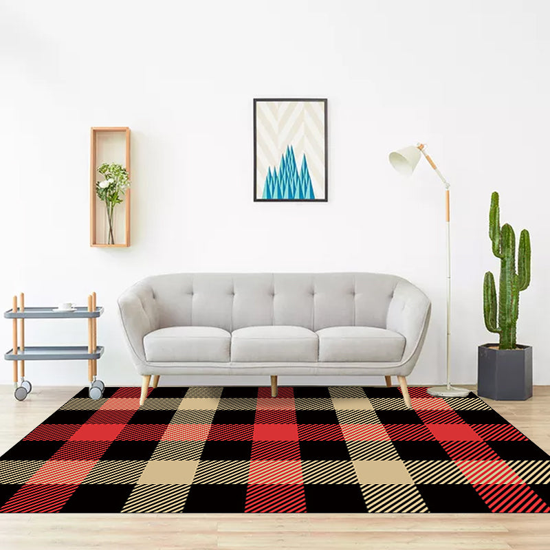 Black Bedroom Rug Modern Checkered Pattern Area Rug Polyester Non-Slip Machine Washable Rug