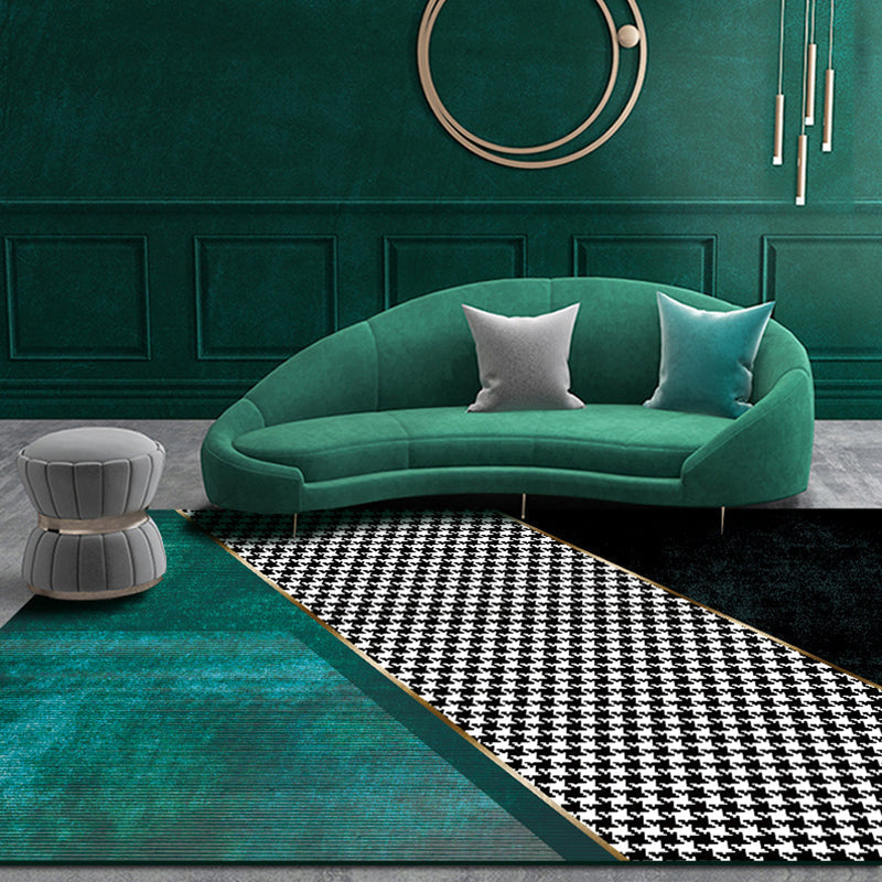 Black Bedroom Carpet Modern Color Block Houndstooth Pattern Rug Polyester Stain Resistant Rug