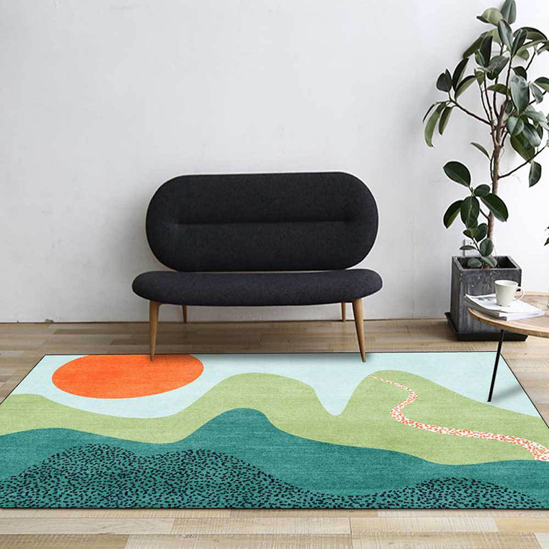 Multicolor Bedroom Rug Novelty Color Block Sun Hill Pattern Area Rug Polyester Non-Slip Washable Rug