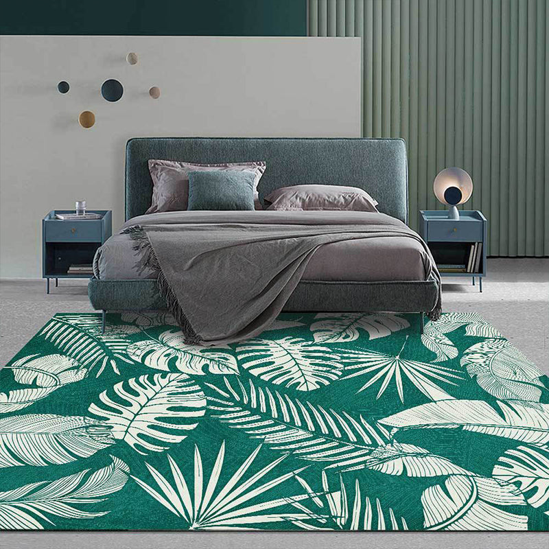 Stylish Leaf Pattern Carpet Green Tropical Carpet Polyester Washable Non-Slip Back Area Rug for Living Room