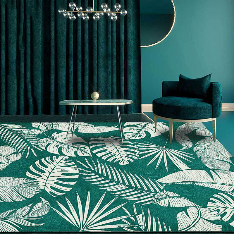 Stylish Leaf Pattern Carpet Green Tropical Carpet Polyester Washable Non-Slip Back Area Rug for Living Room