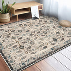 Vintage eclectic border rug with floral and botanical polyester washable stain-resistant rug for the bedroom
