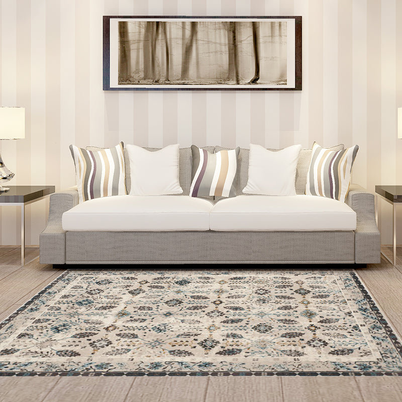 Vintage eclectic border rug with floral and botanical polyester washable stain-resistant rug for the bedroom