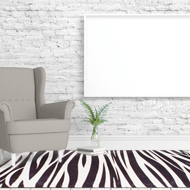 Modern Zebra Print Rug Black and White Rug Power Loom Washable Rug for the Living Room