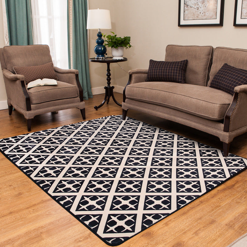 Scandinavian Geometric Rug White Flooring Made from Black Dyed Polyester Pet Friendly Washable Indoor Rug
