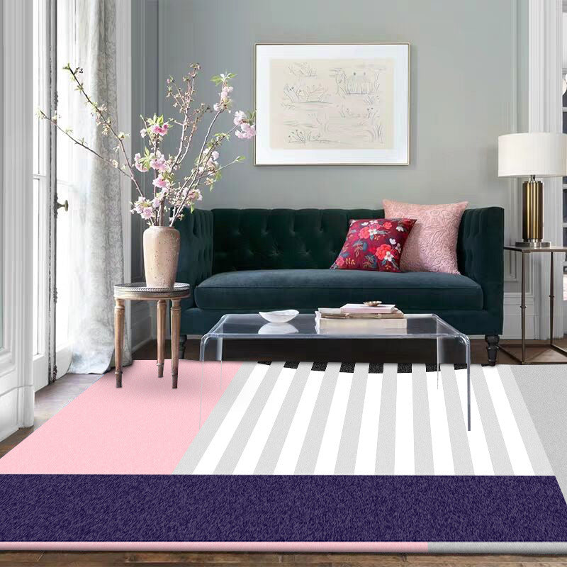 Modern color block striped print rug pink and multicolor polyester rug machine washable non-slip rug for bedroom