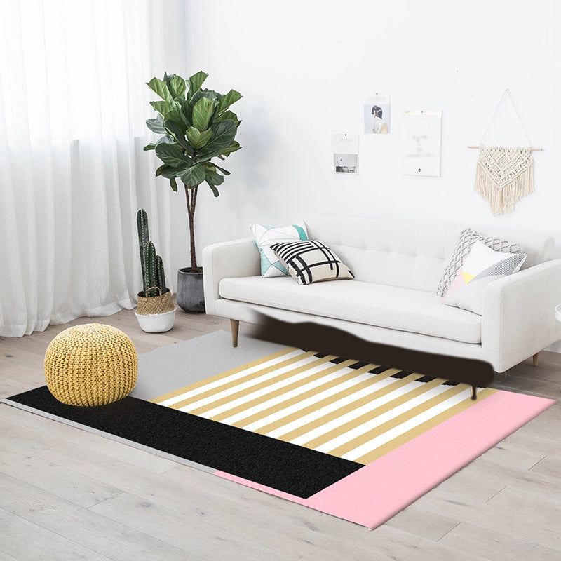 Modern color block striped print rug pink and multicolor polyester rug machine washable non-slip rug for bedroom
