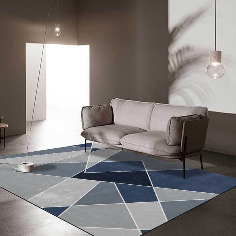 Contemporary Color Block Rug Gray and Blue Polyester Rug Machine Washable Non-Slip Rug for the Bedroom