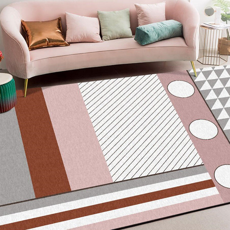 Contemporary Circle Stripe Pattern Rug Pink and White Polyester Rug Machine Washable Non-Slip Rug for the Bedroom