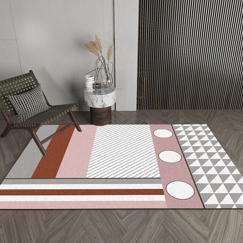Contemporary Circle Stripe Pattern Rug Pink and White Polyester Rug Machine Washable Non-Slip Rug for the Bedroom