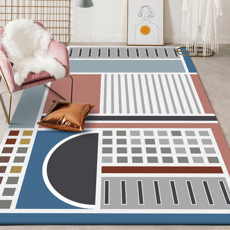 Stylish Checkered Stripe Pattern Carpet Blue Multicolor Modern Carpet Polyester Washable Non-Slip Back Area Rug for Living Room