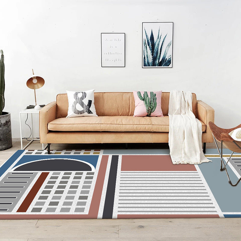 Stylish Checkered Stripe Pattern Carpet Blue Multicolor Modern Carpet Polyester Washable Non-Slip Back Area Rug for Living Room