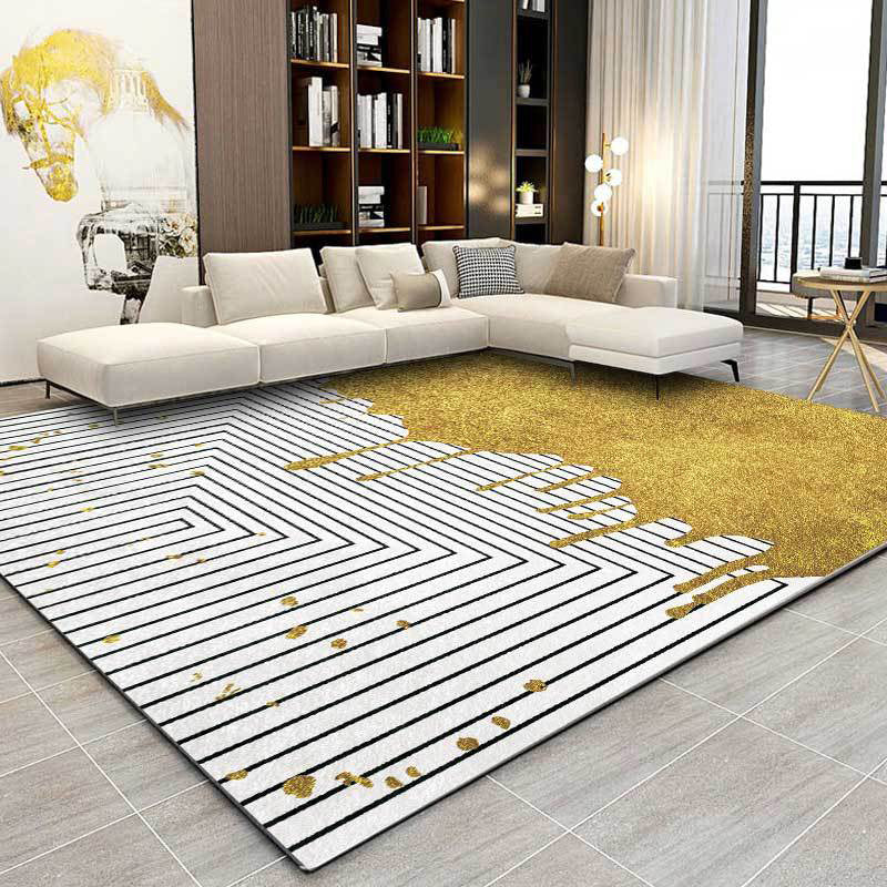 Modern color block striped printed carpet white and gold polyester rug machine washable non-slip rug for the bedroom