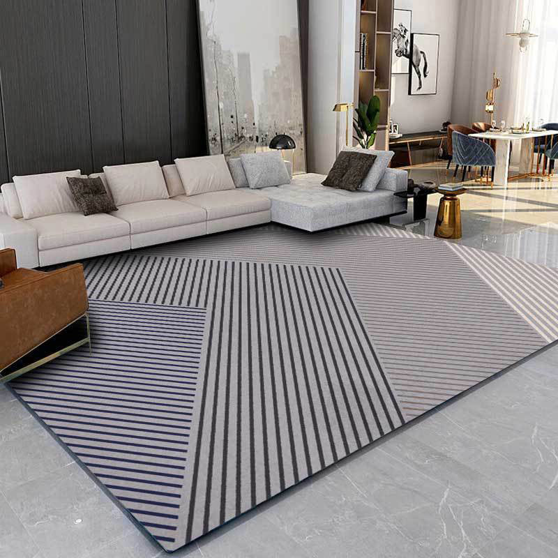 Black and Gray Modern Carpet Polyester Striped Print Carpet Washable Non-Slip Backing Carpet for Living Room