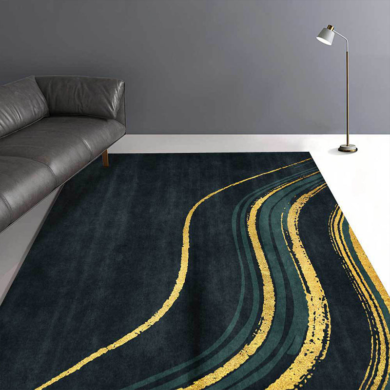 Contemporary swirl pattern rug dark green and gold polyester rug machine washable non-slip rug for the bedroom