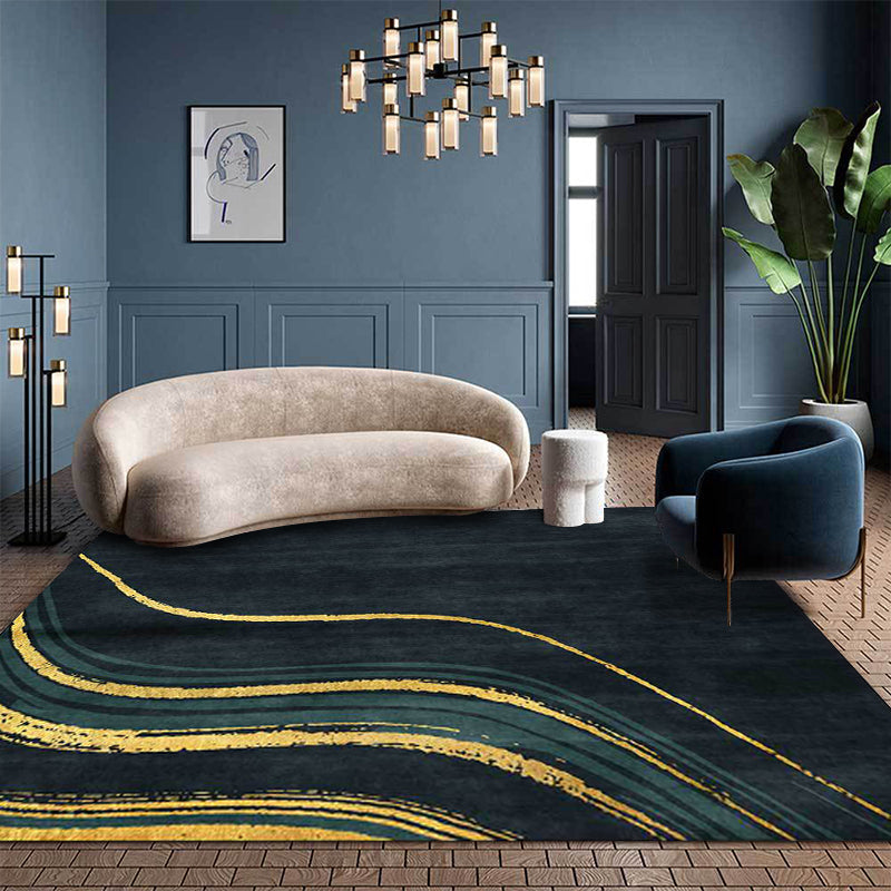 Contemporary swirl pattern rug dark green and gold polyester rug machine washable non-slip rug for the bedroom