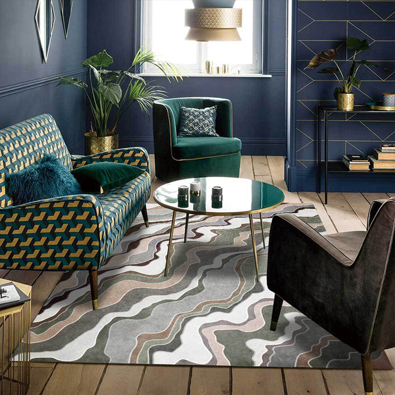 Simple swirl stripe pattern rug green casual rug polyester machine washable non-slip rug for bedroom