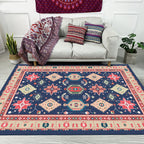 Southwest Living Room Rug in Blue Tribal Geometric Print Rug Made of Polyester Washable Area Rug