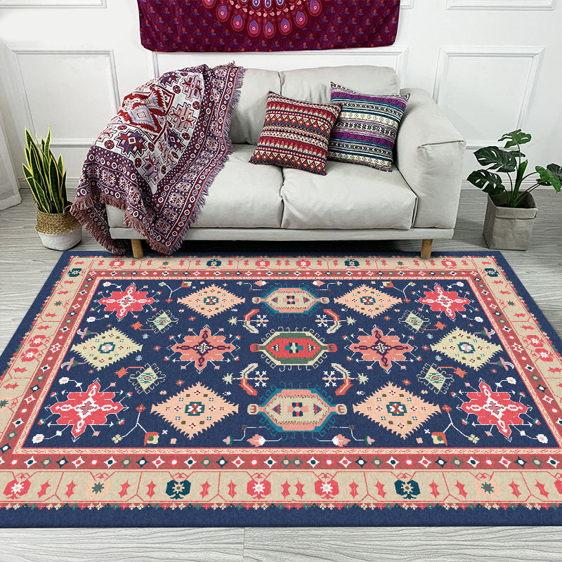 Southwest Living Room Rug in Blue Tribal Geometric Print Rug Made of Polyester Washable Area Rug