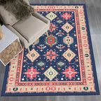 Southwest Living Room Rug in Blue Tribal Geometric Print Rug Made of Polyester Washable Area Rug