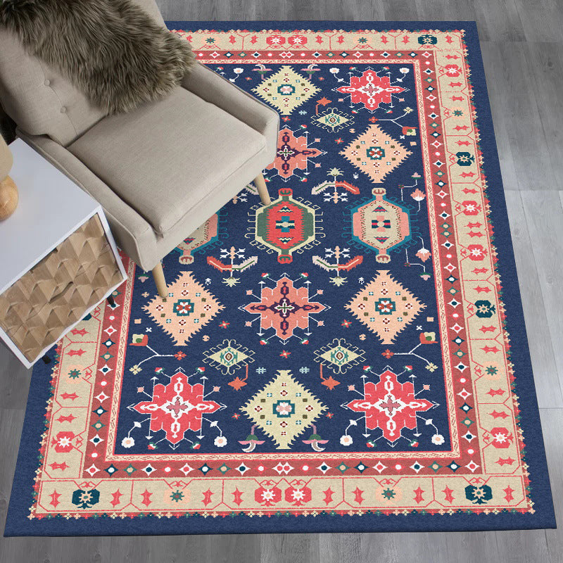 Southwest Living Room Rug in Blue Tribal Geometric Print Rug Made of Polyester Washable Area Rug