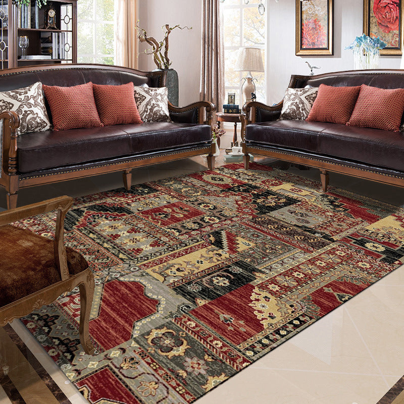 Red and brown bedroom carpet southwestern geometry floral pattern area rug polyester non-slip rug