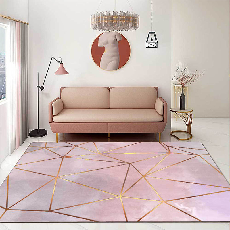 Modern Geometric Pattern Rug Pink Polyester Washable Non-Slip Back Rug for Living Room
