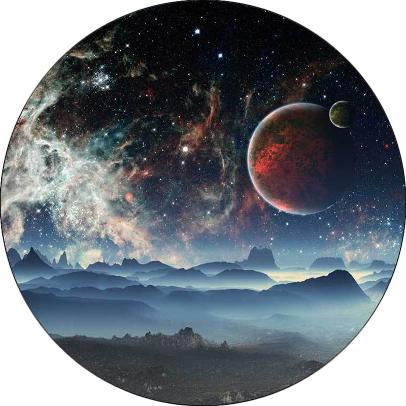 Simple modern rug in blue and black with pattern of hilly landscapes in space for home decoration, made of polyester, washable