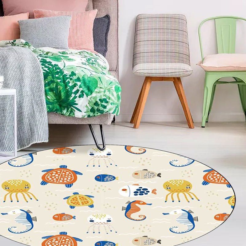Casual Kids Rug in Ivory Animal Turtle Jellyfish Hippocampus Pattern Rug Polyester Washable Rug for the Children's Room