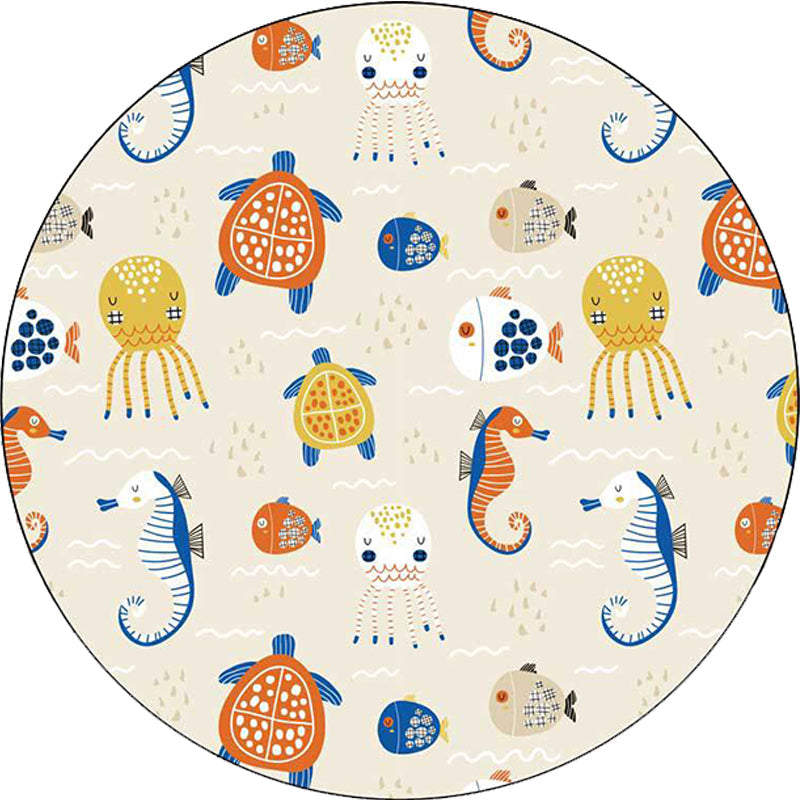 Casual Kids Rug in Ivory Animal Turtle Jellyfish Hippocampus Pattern Rug Polyester Washable Rug for the Children's Room