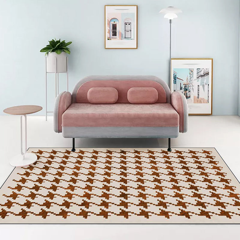 Nordic Modern Rug in Ivory Check Houndstooth Pattern Rug Polyester Non-Slip Pet-Friendly Rug for Home Decoration