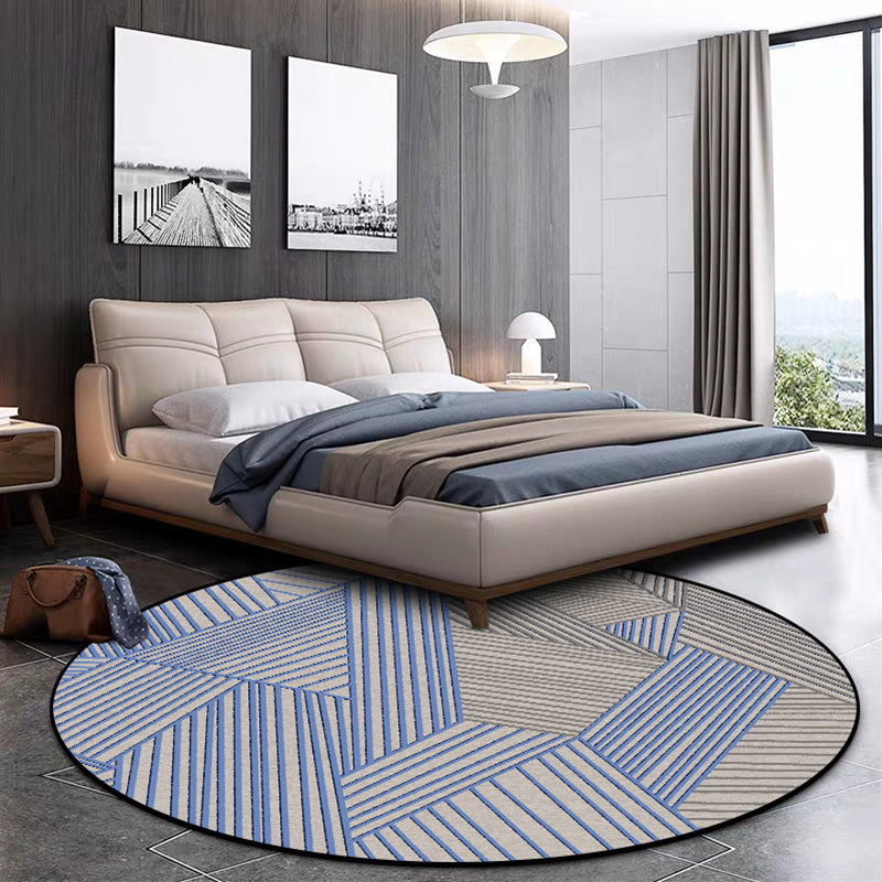 Brown and Blue Bedroom Rug Modern Geometric Stripe Pattern Rug Polyester Stain Resistant Washable Rug