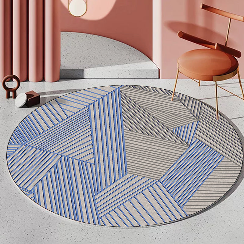 Brown and Blue Bedroom Rug Modern Geometric Stripe Pattern Rug Polyester Stain Resistant Washable Rug
