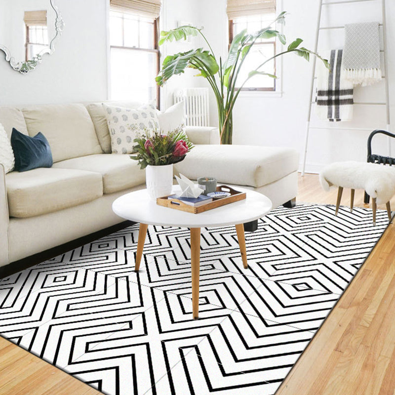 Modern living room rug in white with geometric line pattern Rug polyester stain-resistant washable rug for the area