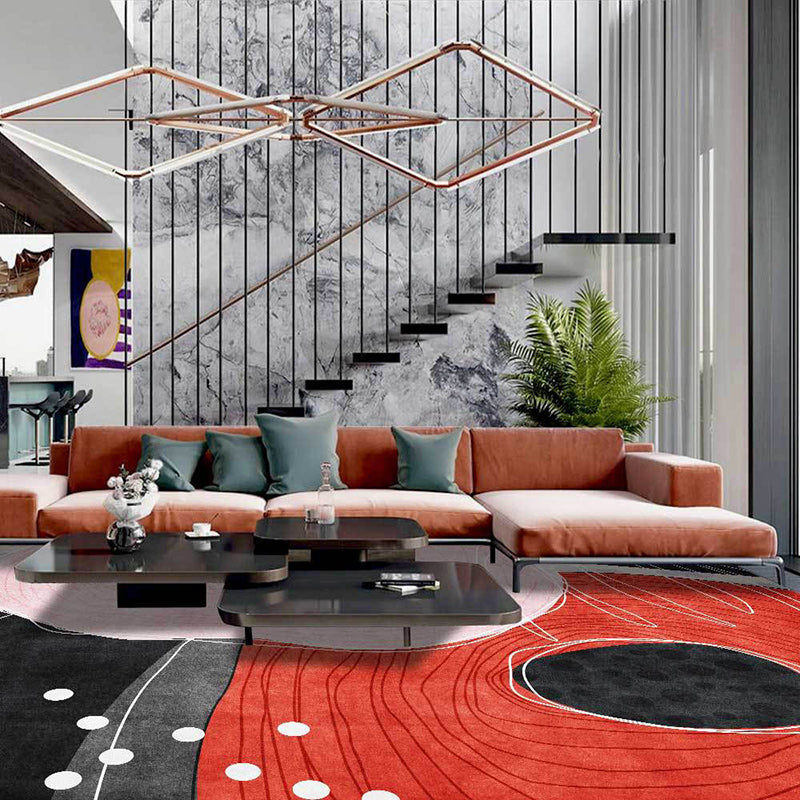 Novelty Living Room Carpet in Red and Black Color Block Dots Line Print Carpet Polyester Washable Stain Resistant Area Rug