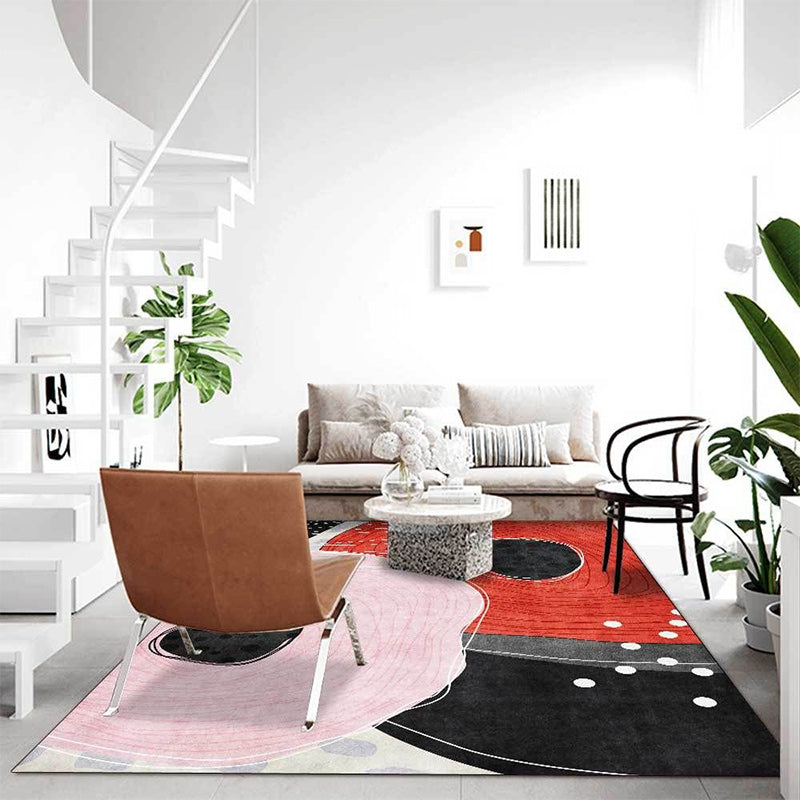 Novelty Living Room Carpet in Red and Black Color Block Dots Line Print Carpet Polyester Washable Stain Resistant Area Rug
