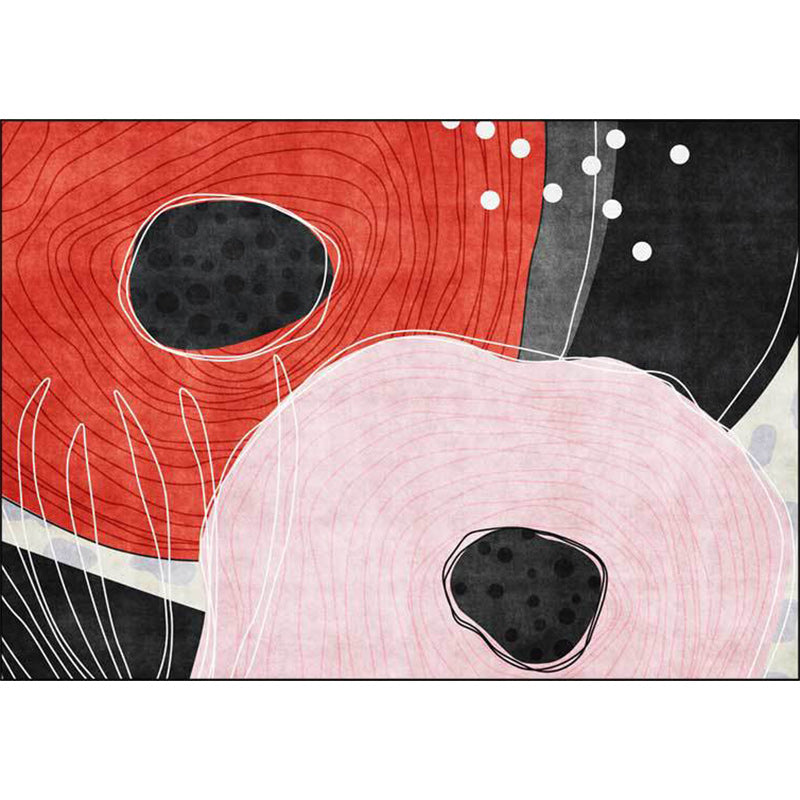 Novelty Living Room Carpet in Red and Black Color Block Dots Line Print Carpet Polyester Washable Stain Resistant Area Rug