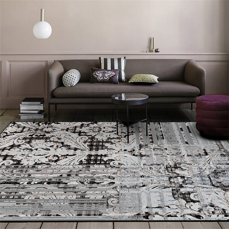 Shabby Chic Paisley Pattern Carpet Gray Polyester Carpet Machine Washable Non-Slip Back Carpet for Living Room