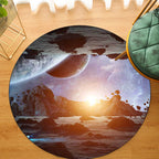 Modern rug for the living room in blue and gray with a print of planets and meteors in space, non-slip polyester area rug