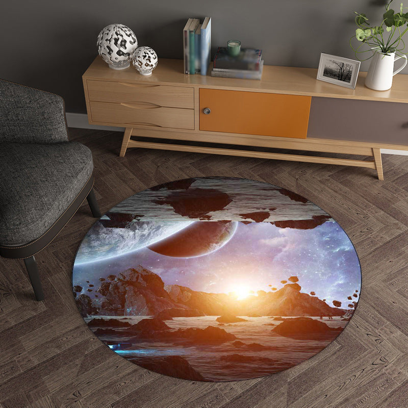 Modern rug for the living room in blue and gray with a print of planets and meteors in space, non-slip polyester area rug