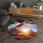 Modern rug for the living room in blue and gray with a print of planets and meteors in space, non-slip polyester area rug