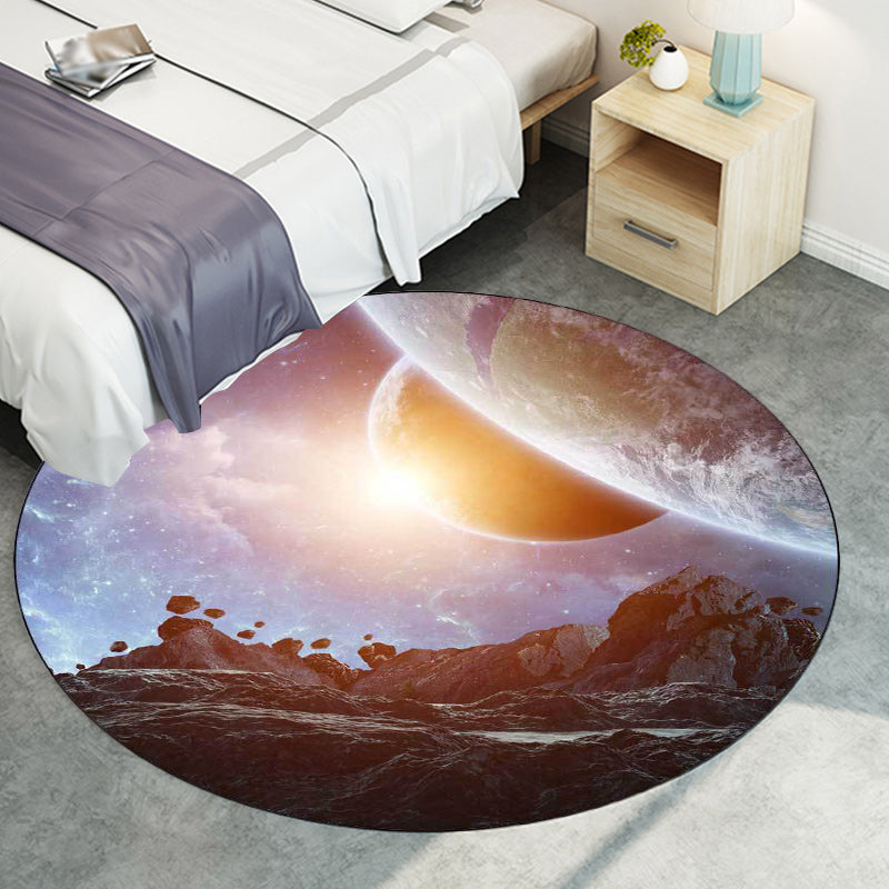 Blue and Gray Bedroom Rug Modern Space Planet Pattern Area Rug Polyester Machine Washable Rug