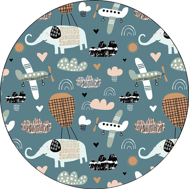 Kids Room Rug in Teal Animal Elephant Airplane Heart Print Rug Polyester Stain Resistant Rug