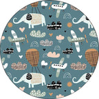 Kids Room Rug in Teal Animal Elephant Airplane Heart Print Rug Polyester Stain Resistant Rug