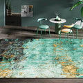 Stylish abstract rug in green and gold, Nordic rug made of polyester, washable, non-slip backing, living room rug.