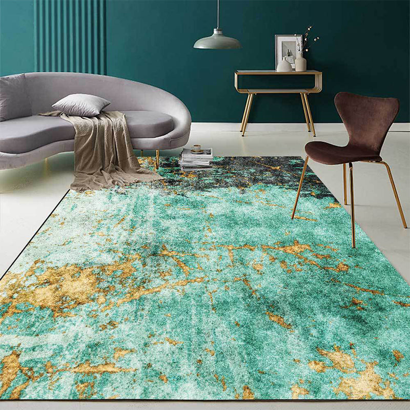 Stylish abstract rug in green and gold, Nordic rug made of polyester, washable, non-slip backing, living room rug.