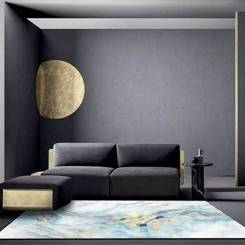 Light blue contemporary rug polyester watercolor pattern rug washable non-slip backing rug for the living room