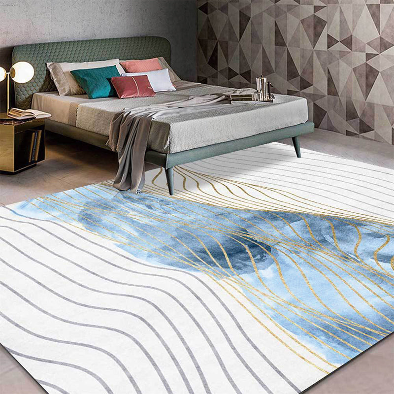 Stylish whirl stripe print carpet White and Blue Nordic carpet Polyester Washable Non-slip backing carpet for the living room