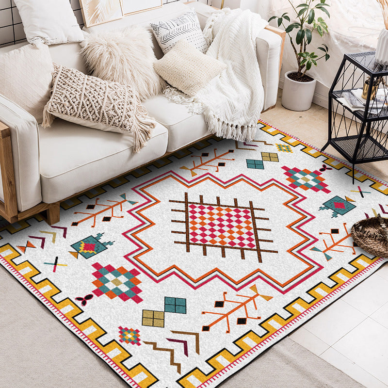 Southwest Living Room Rug in Ivory Tribal Diamond Check Print Rug Polyester Non-Slip Back Rug