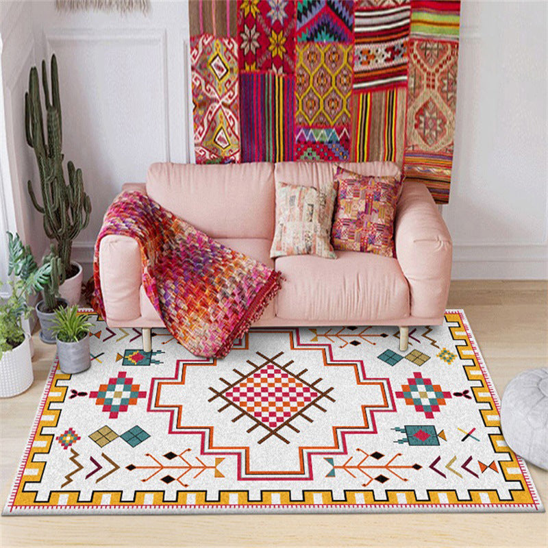 Southwest Living Room Rug in Ivory Tribal Diamond Check Print Rug Polyester Non-Slip Back Rug